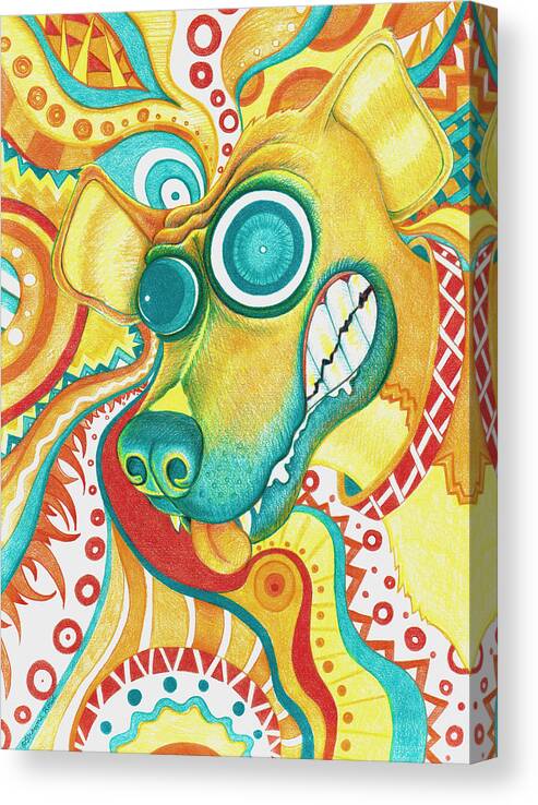 Colored Pencil Canvas Print featuring the drawing Chaotic Canine by Shawna Rowe