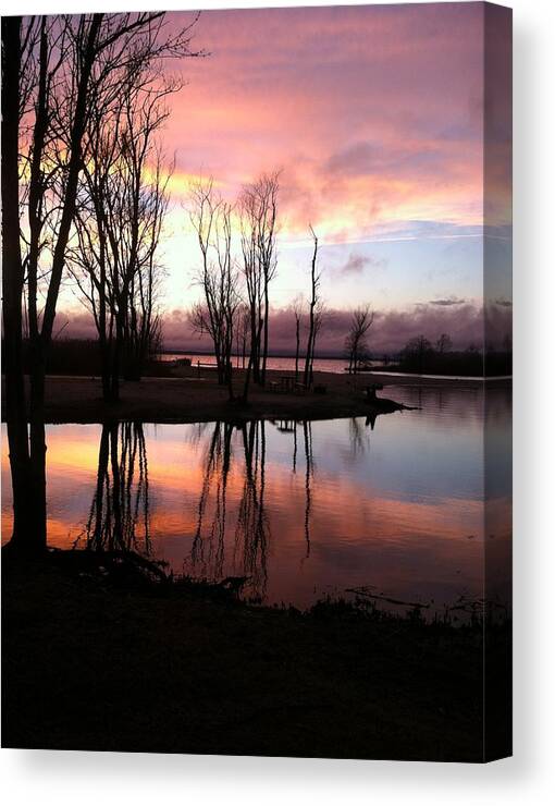 Sunset Canvas Print featuring the photograph Clearing on the River by Vikki Angel