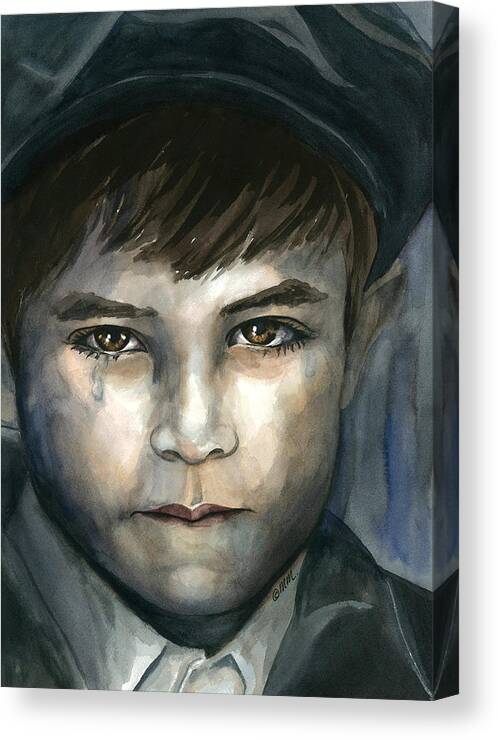 Little Boy With Tear In His Eye Canvas Print featuring the painting Crying in the Shadows by Michal Madison