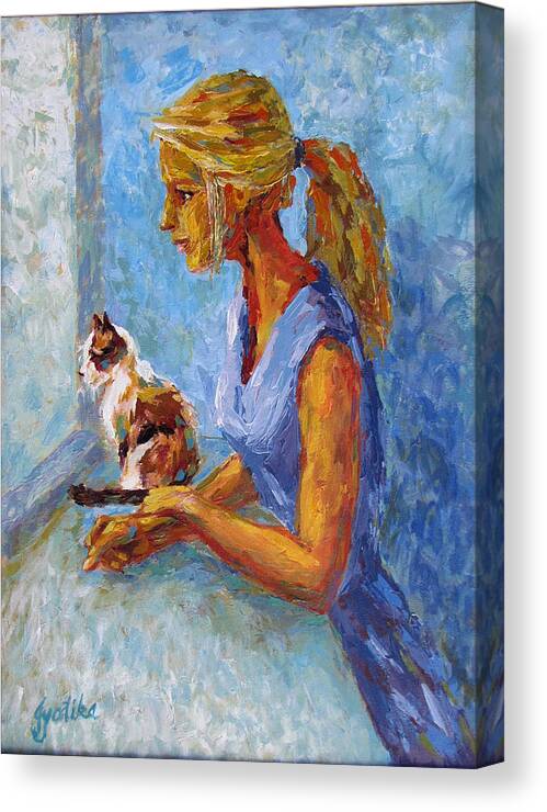 Girl And Cat Canvas Print featuring the painting Curiosity by Jyotika Shroff