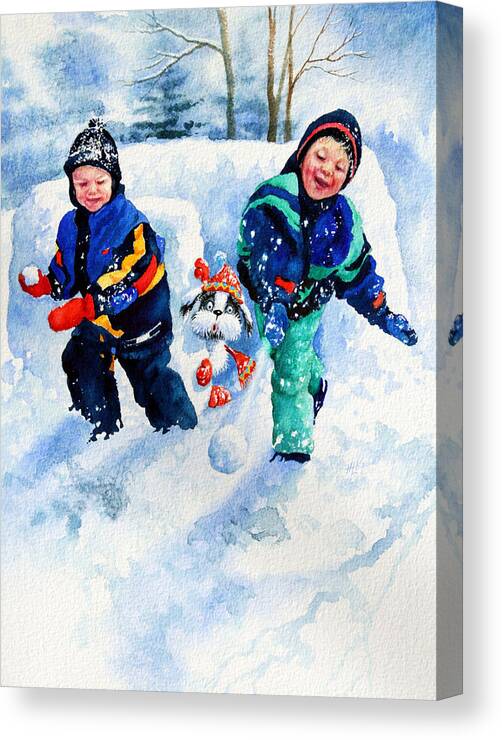 Snowball Fight Print Canvas Print featuring the painting Defend Our Front Yard by Hanne Lore Koehler