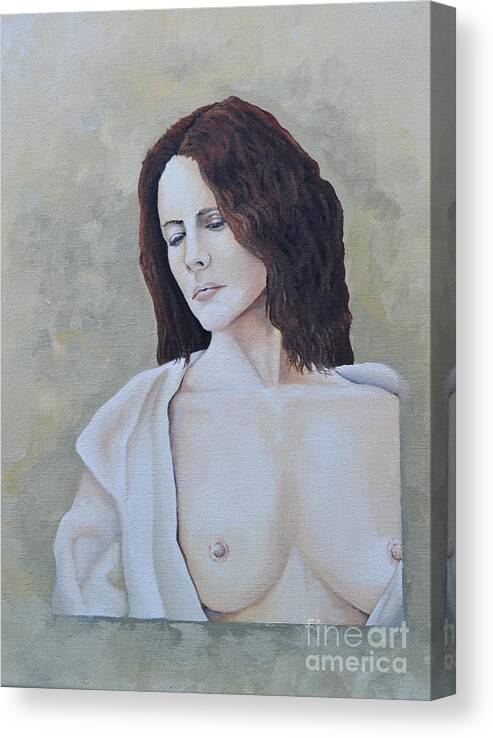A Portrait Of A Woman In Her Robe While Being Topless. She Has Long Brown Wavy Hair. Canvas Print featuring the painting Nude in Robe by Martin Schmidt