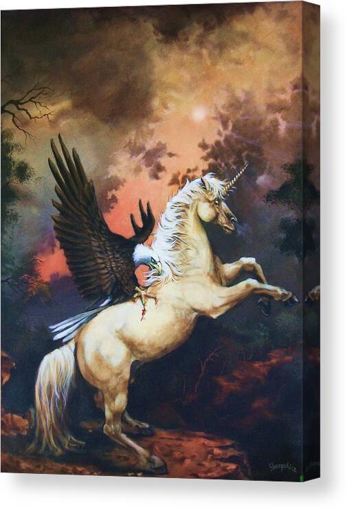 Eagle Canvas Print featuring the painting Eagle and the Unicorn by Tom Shropshire