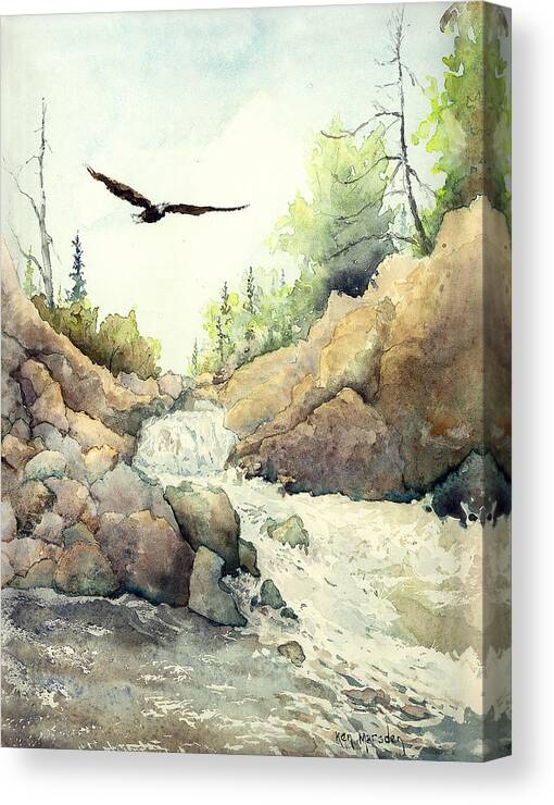 Eagle Canvas Print featuring the painting Eagle Over Dave's Falls by Ken Marsden