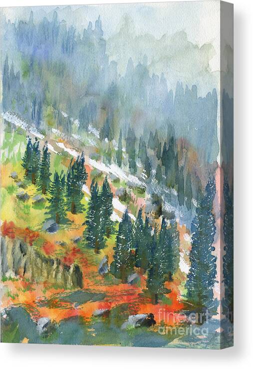 Mountains Canvas Print featuring the painting First Snow by Walt Brodis
