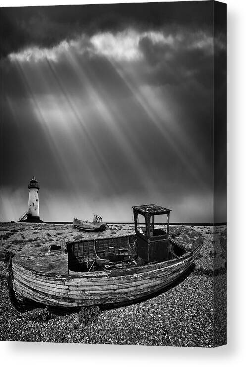 Black And White Canvas Print featuring the photograph Fishing Boat Graveyard 11 by Meirion Matthias
