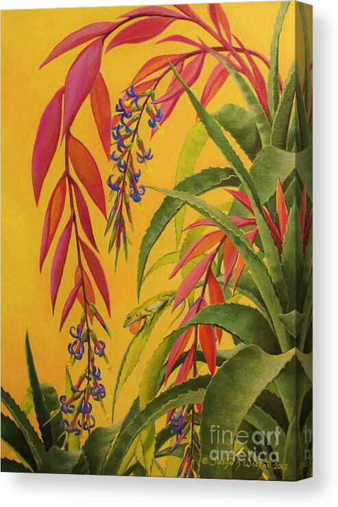 Nature Canvas Print featuring the painting The Flasher - Anole and Bromeliads by Susan A Walton 