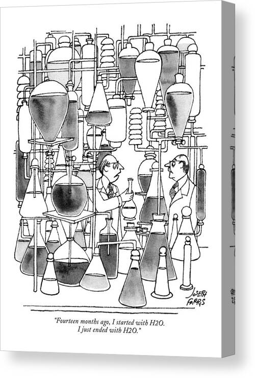 78506 Jfa Joseph Farris (one Scientist To Another In Laboratory.) Another Experiment Experiments Lab Laboratory Labs One Professor Science Scientist Technological Technology Water Canvas Print featuring the drawing Fourteen Months Ago by Joseph Farris