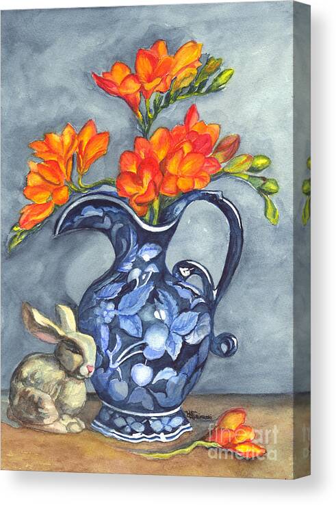 Freesia Canvas Print featuring the painting Freesias in a Vase by Carol Wisniewski
