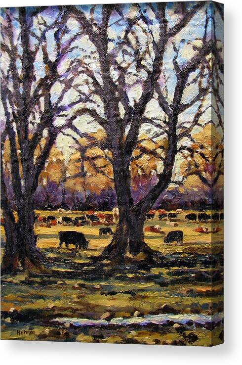 Landscape Canvas Print featuring the painting Greenbelt Cows by Les Herman