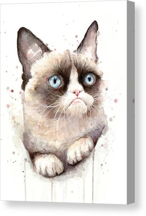 Grumpy Canvas Print featuring the painting Grumpy Cat Watercolor by Olga Shvartsur