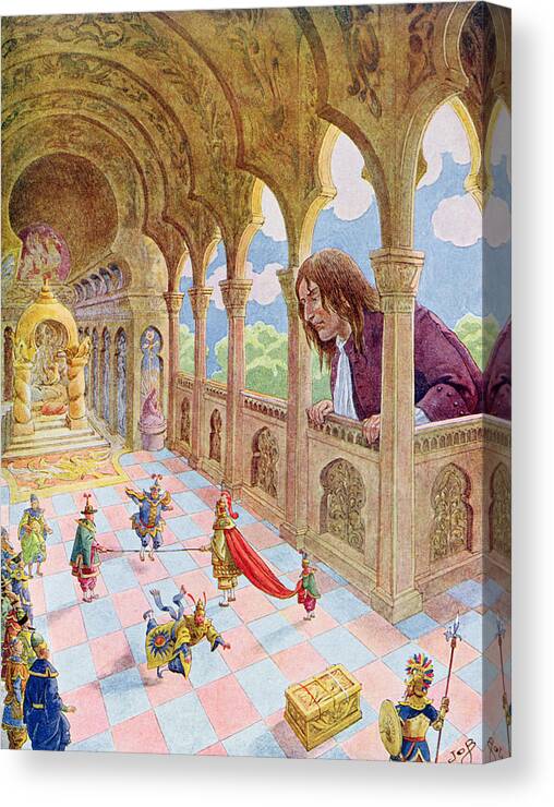 Childrens' Book Canvas Print featuring the painting Gulliver at Lilliput by Jacques Onfray de Breville