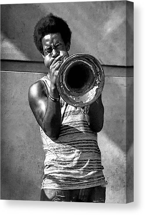 Black And White; Street Corner Music Canvas Print featuring the photograph Hornblower by Jessica Levant