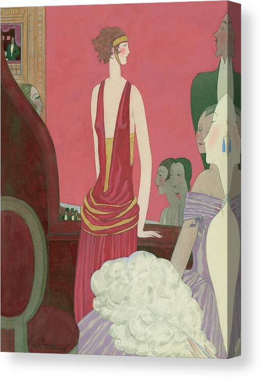 Fashion Canvas Print featuring the digital art Illustration Of A Woman In A Red Dress by Georges Lepape