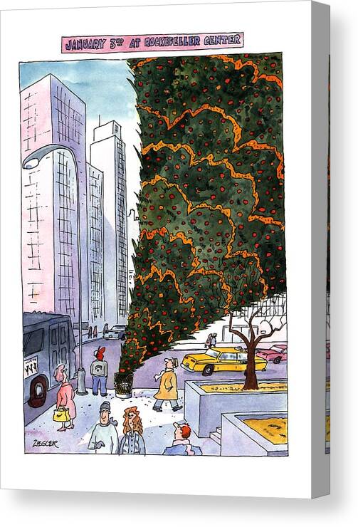 January 3rd At Rockefeller Center
Title: January 3rd At Rockefeller Center. Full-page Color Cartoon Showing The Giant Christmas Tree At Rockefeller Center Turned Upside Down In A Trash Can. Holidays Canvas Print featuring the drawing January 3rd At Rockefeller Center by Jack Ziegler