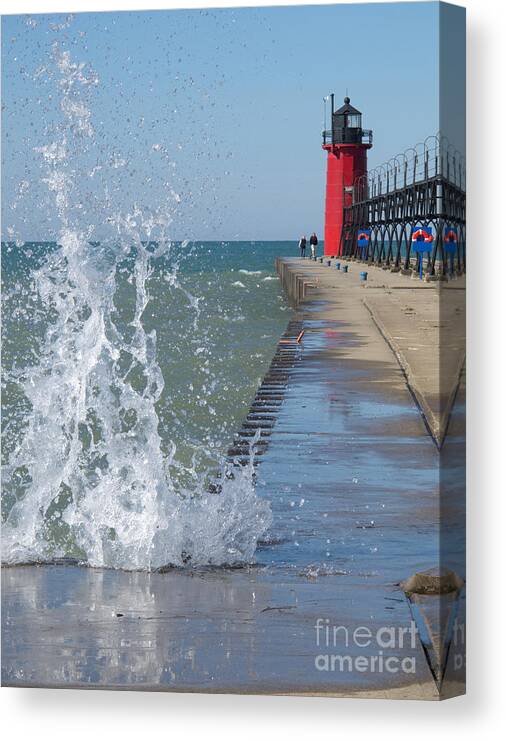 Lighthouse Canvas Print featuring the photograph Lake Michigan Splash by Ann Horn