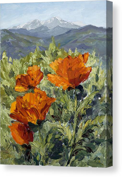 Oil Canvas Print featuring the painting Longs Peak Poppies by Mary Giacomini
