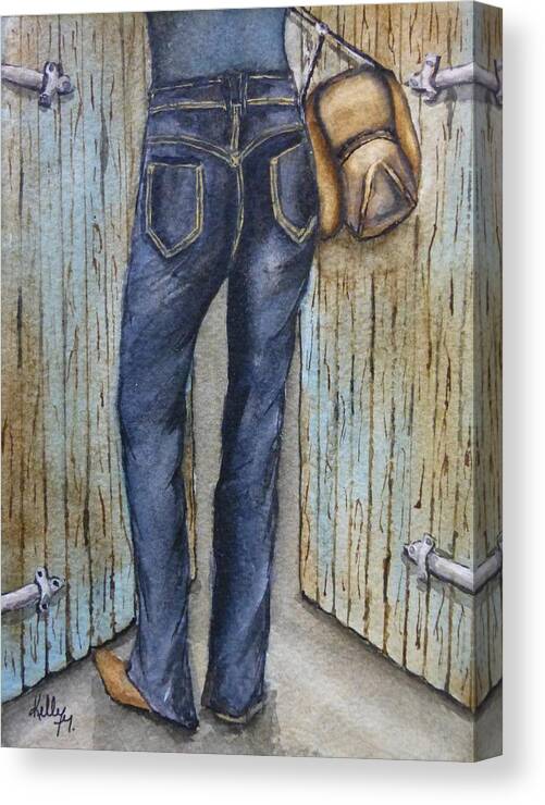 Jeans Canvas Print featuring the painting Blue Jeans a hat and looking good by Kelly Mills