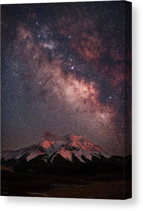 Tranquility Canvas Print featuring the photograph Lunar Alpenglow And Milky Way Skies At by Mike Berenson / Colorado Captures