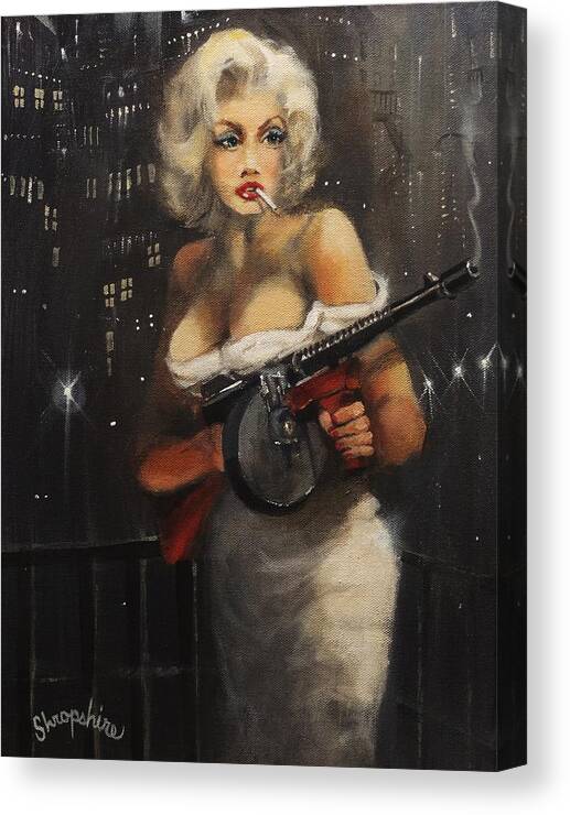 Bootleggers Canvas Print featuring the painting Machine Gun Madam by Tom Shropshire