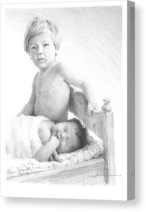 Www.miketheuer.com New Baby And Brother Pencil Portrait Canvas Print featuring the drawing New Baby And Brother Pencil Portrait by Mike Theuer