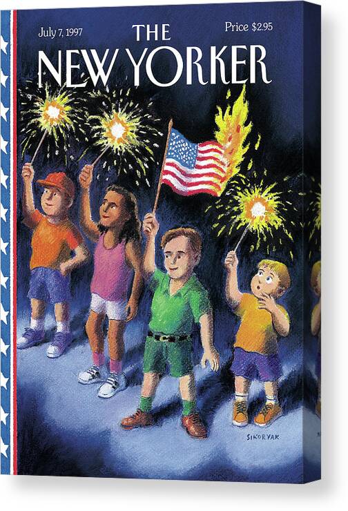 Fireworks July 4th Fourth 4 Independence Day Fireworks Firecrackers Sparkler Sparklers Fire Burn American Flag Flags Children Child Kids  Bob Sikoryak Rsk Rsk Artkey 50907 Canvas Print featuring the painting New Yorker July 7th, 1997 by R Sikoryak