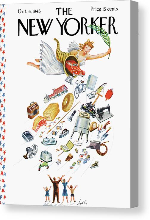 Cornucopia Appliance Appliances Angel Things Materials American Dream Consumers House Home Family Wants Wares Cornucopia Constantine Alajalov Cal Sumnerok Artkey 48936 Canvas Print featuring the painting New Yorker October 6, 1945 by Constantin Alajalov