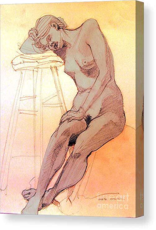 Nude Canvas Print featuring the drawing Nude woman leaning on a barstool by Greta Corens
