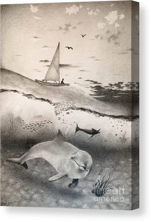 Dolphin Canvas Print featuring the drawing Ocean Morning by Emily Wickerham