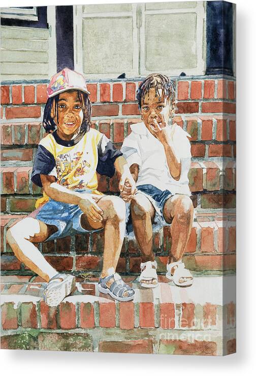 Children Canvas Print featuring the painting On the Front Step by Colin Bootman