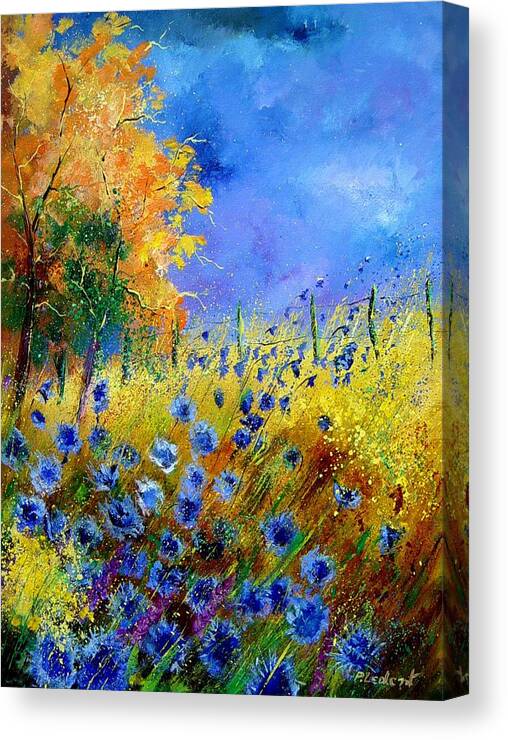 Poppies Canvas Print featuring the painting Orange tree and blue cornflowers by Pol Ledent