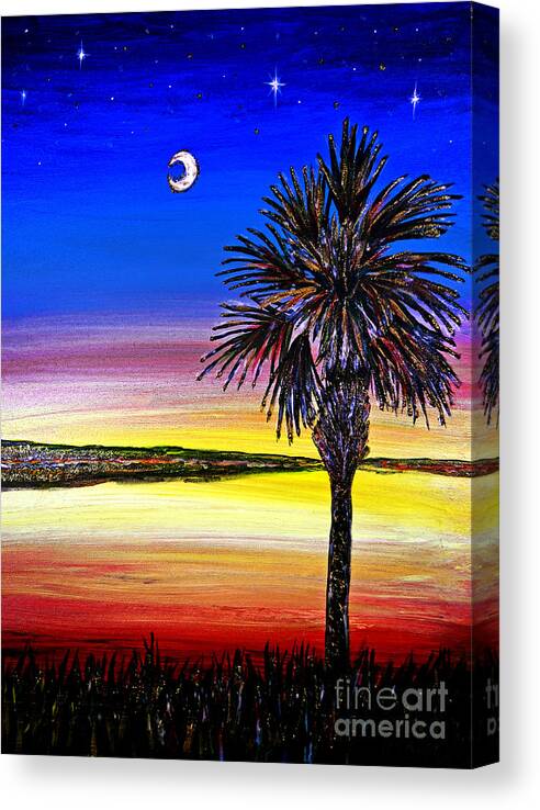 Palmetto Tree Canvas Print featuring the painting Palmetto Sunset Moon and Stars by Pat Davidson