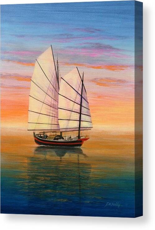 Chinese Junk Canvas Print featuring the painting Peaceful Waters by J W Kelly