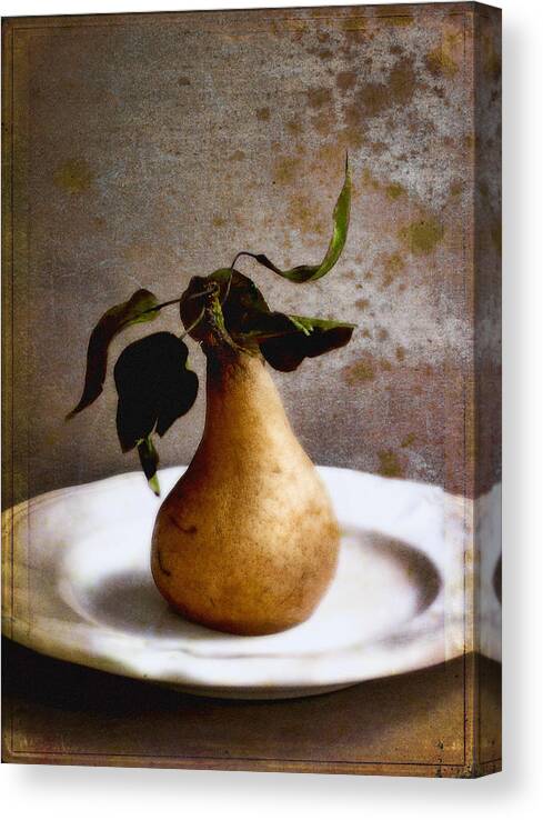 Pear Canvas Print featuring the photograph Pear on a White Plate by Louise Kumpf