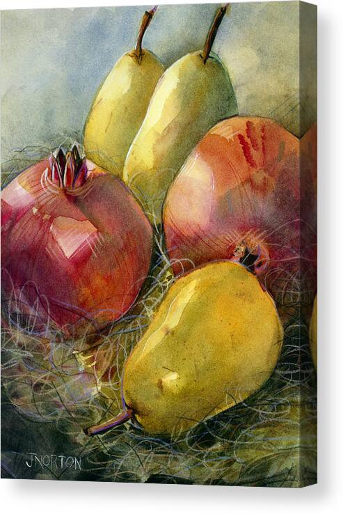 Jen Norton Canvas Print featuring the painting Pomegranates and Pears by Jen Norton