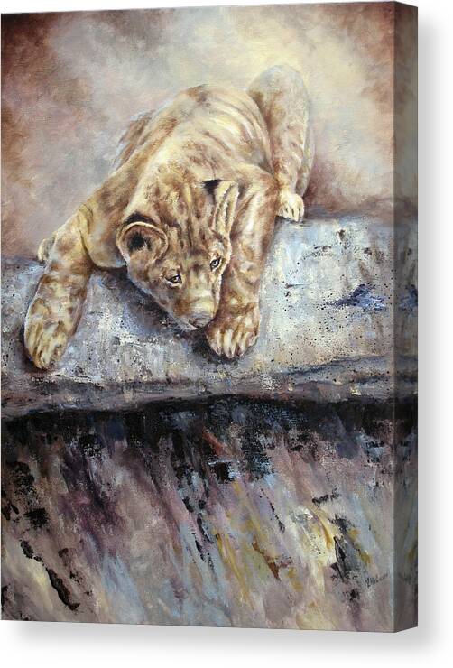 Lion Cub Canvas Print featuring the painting Pounce by Mary McCullah