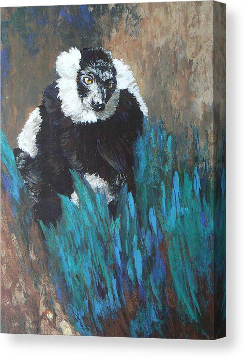 Black And White Ruffed Lemur Canvas Print featuring the painting Primate Of The Madagascan Rainforest by Margaret Saheed
