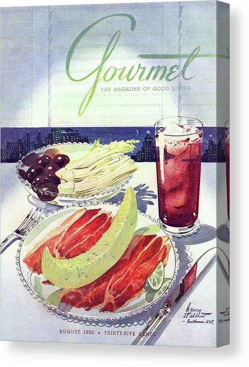 Food Canvas Print featuring the photograph Prosciutto, Melon, Olives, Celery And A Glass by Henry Stahlhut