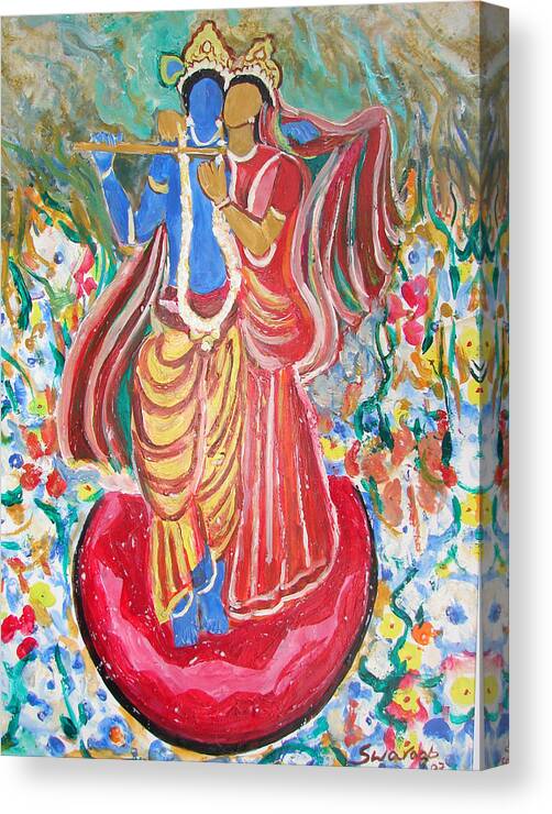 Paintings In Acrylics And Oils On --- Indian Saints Canvas Print featuring the painting Radha And Krishna by Anand Swaroop Manchiraju