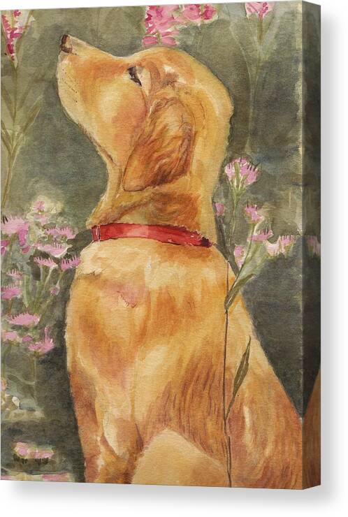 Labrador Canvas Print featuring the painting Smell the Roses - Golden Retriever by Debra Hall