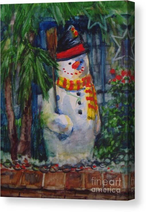 Christmas Canvas Print featuring the painting Smiling Snowman by Joan Coffey