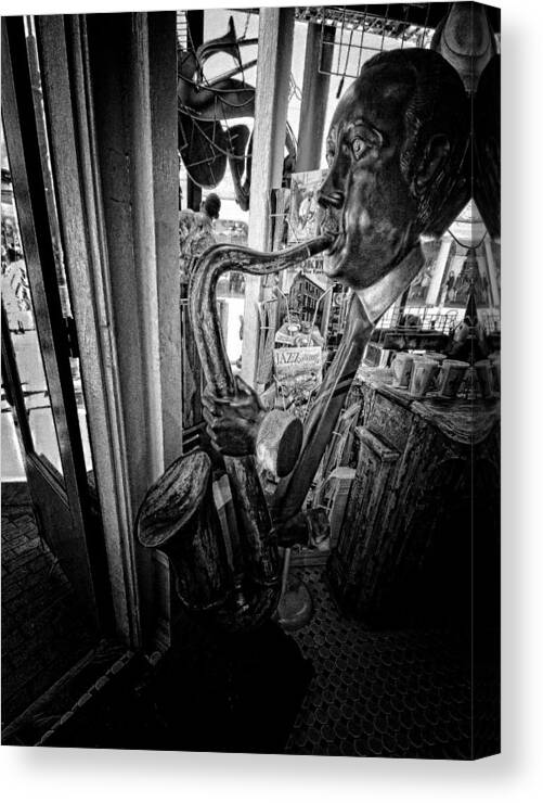 Black And White Canvas Print featuring the photograph Smokin Sax by Robert McCubbin