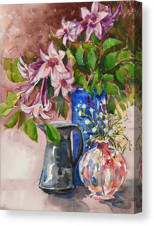 Pink Flowers Canvas Print featuring the painting Asian Pink Lilies by Jyotika Shroff