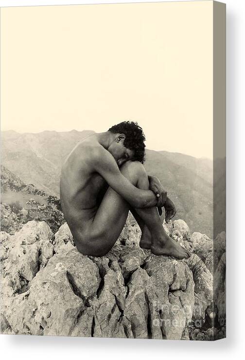 Gloeden Canvas Print featuring the photograph Study of a Male Nude on a Rock in Taormina Sicily by Wilhelm von Gloeden