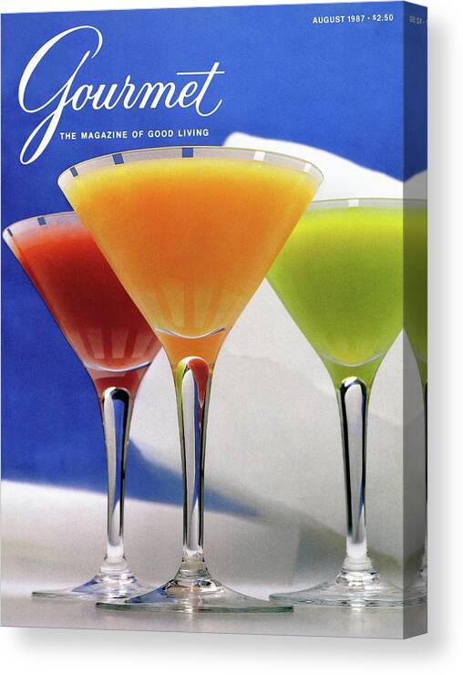 Foodcovermagazinegourmetsummerseasonscocktailglassalcoholdrinkalcoholic Beveragebeveragestrawberry Banana Margaritafrozen Mango Daiquirifrozen Melon Coladacolorfulnobody #condenastgourmetcover August 1st 1987 Canvas Print featuring the photograph Summer Cocktails by Romulo Yanes