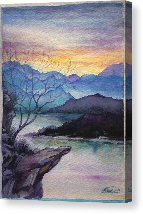 Sunset Canvas Print featuring the painting Sunset Montains by Alban Dizdari