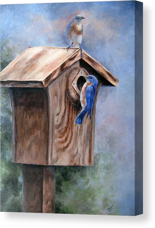 Bluebirds Canvas Print featuring the painting Supervised Feeding by Mary McCullah