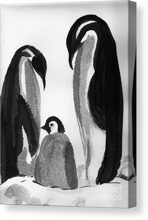 Sumi-e Canvas Print featuring the painting Happy feet -The family of penguins by Asha Sudhaker Shenoy