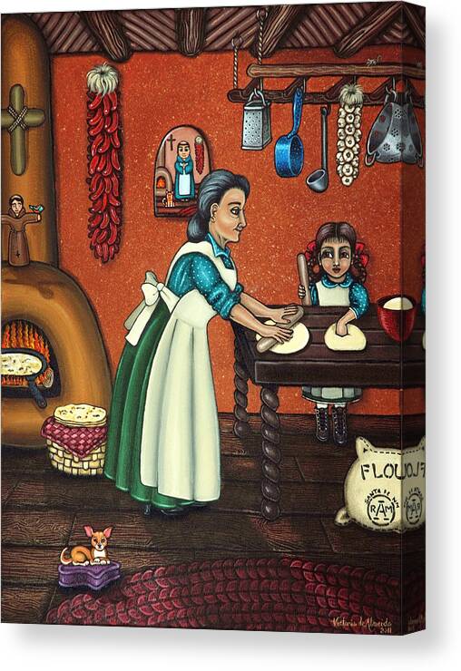 Folk Art Canvas Print featuring the painting The Lesson or Making Tortillas by Victoria De Almeida