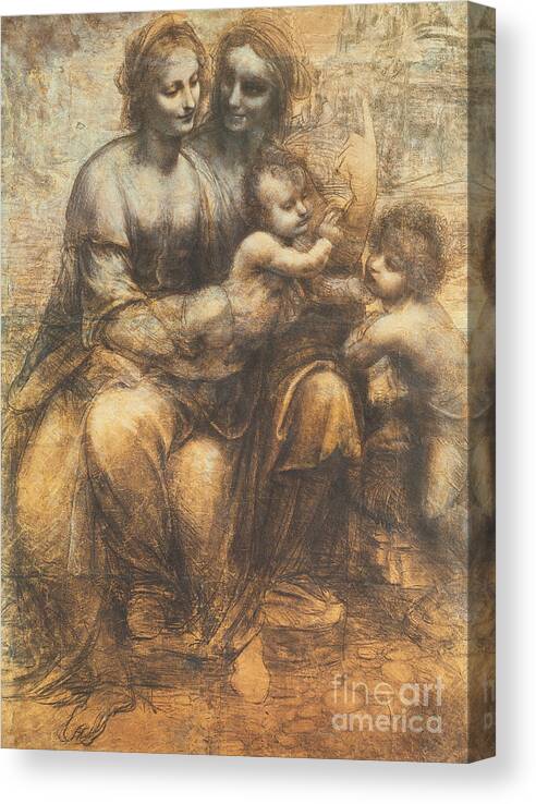Mother; Child; Drawing; Cartoon; John The Baptist; Infant; Meeting; Serene; Serenity; Saint; Anne; Saints; Family; Holy Family; Children; Smile; Smiles; Tender; Tenderness; Infant Canvas Print featuring the drawing The Virgin and Child with Saint Anne and the Infant Saint John the Baptist by Leonardo Da Vinci
